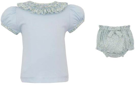 Bloomer Set- Lt.Blue Floral Bloomers w/ Smocked Collar w/ Lt.Blue Knit Blouse - Set