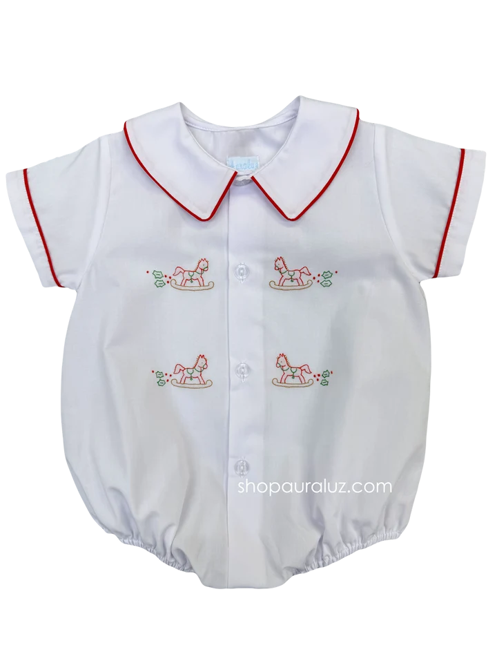Christmas Bubble/Button-Front. White with Red Binding Trim and Embroidered Rocking Horses
