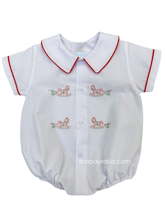 Christmas Bubble/Button-Front. White with Red Binding Trim and Embroidered Rocking Horses