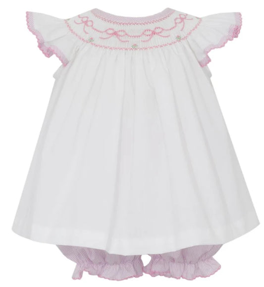 Pink Bows - Pink Tiny Stripe Angel Wing Bishop Bloomer Set w/ White Poplin Blouse