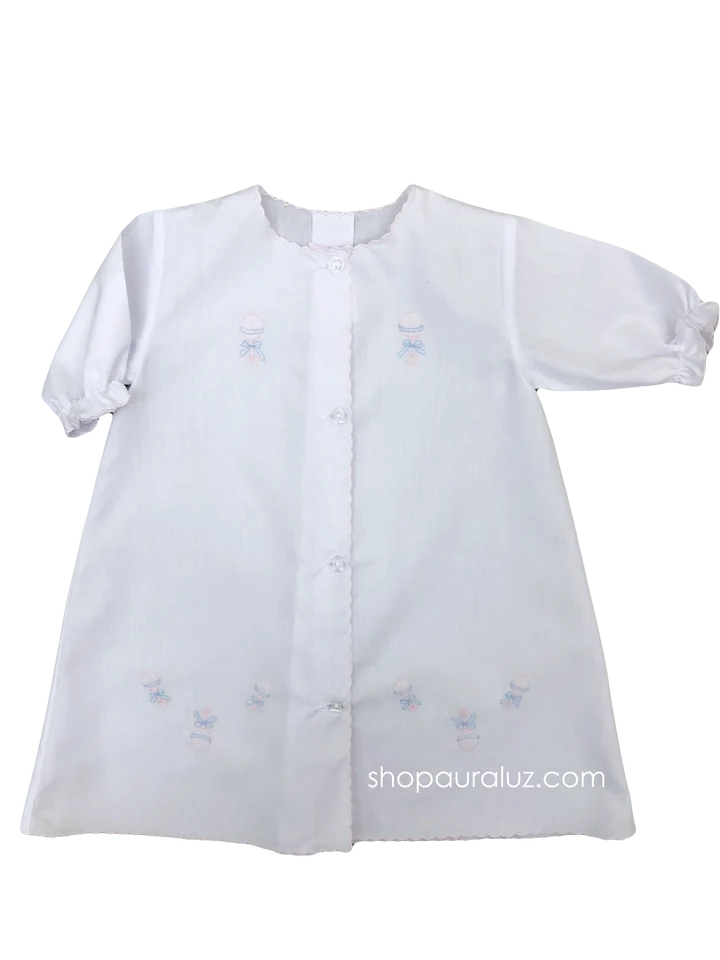 Day Gown, l/s.. White with Pink Scallops and Embroidered Rattles