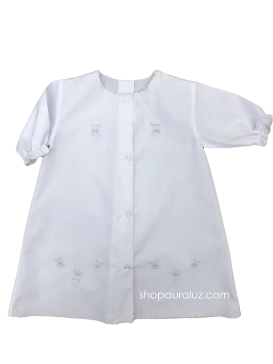 Day Gown, l/s.. White with Pink Scallops and Embroidered Rattles