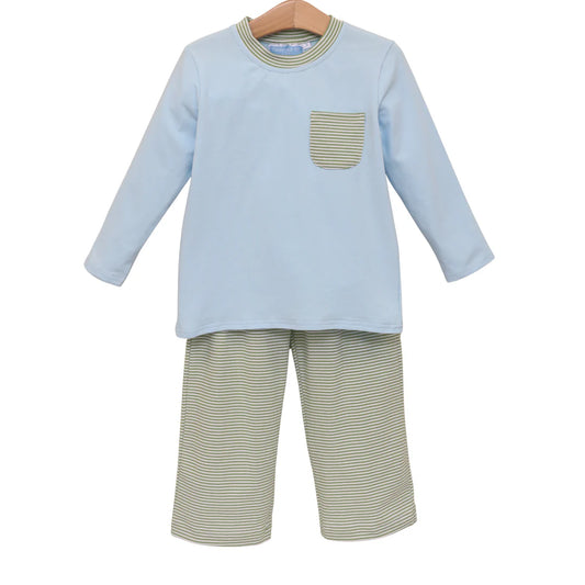 Preston Pant Set- Green Stripe/Light Blue