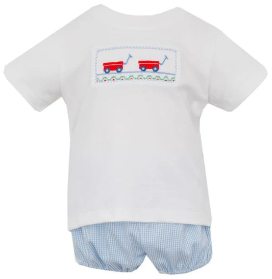 Wagons - Blue Knit Stripe Boy's White T-Shirt Set w/ Diaper