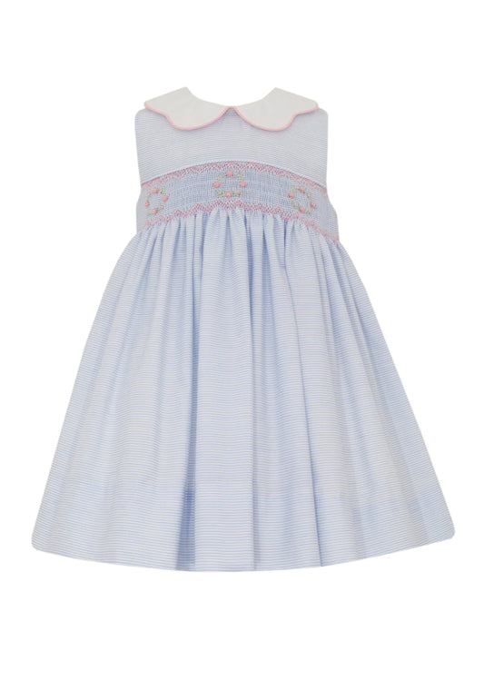 Riley - Blue Tiny Stripe Sleeveless Dress w/ Scalloped Collar