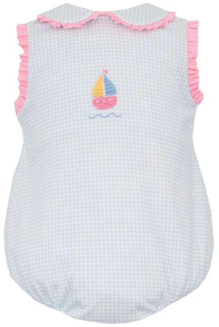 Sailboat Girl's- Lt.Blue Knit Gingham Sleeveless Girl's Bubble