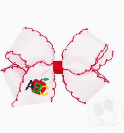 Medium Embroidered ABC Apple Grosgrain Hair Bow with Red Moonstitch Edge