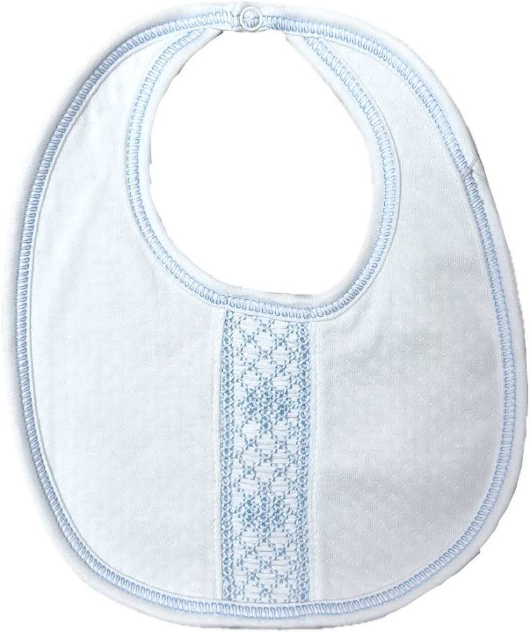 Sweet Baby Boy White Jacquard Blue Smocked Bib