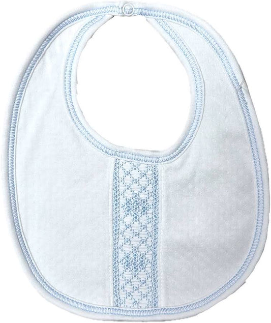 Sweet Baby Boy White Jacquard Blue Smocked Bib