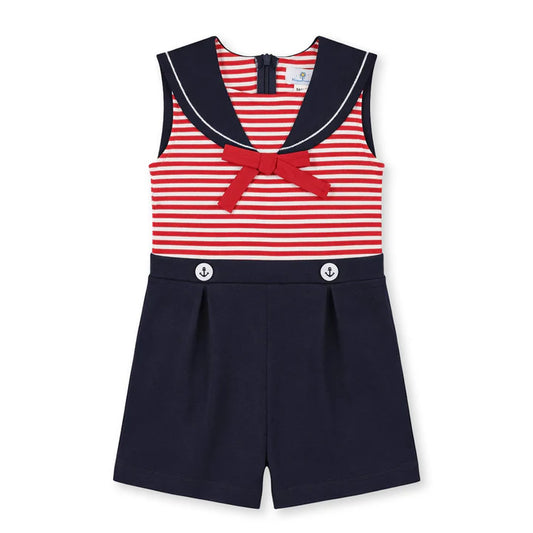 Stripe Knit Shorts Romper with Sailor Collar