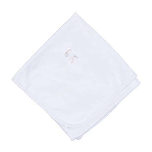 Vintage Stork Receiving Blanket - White
