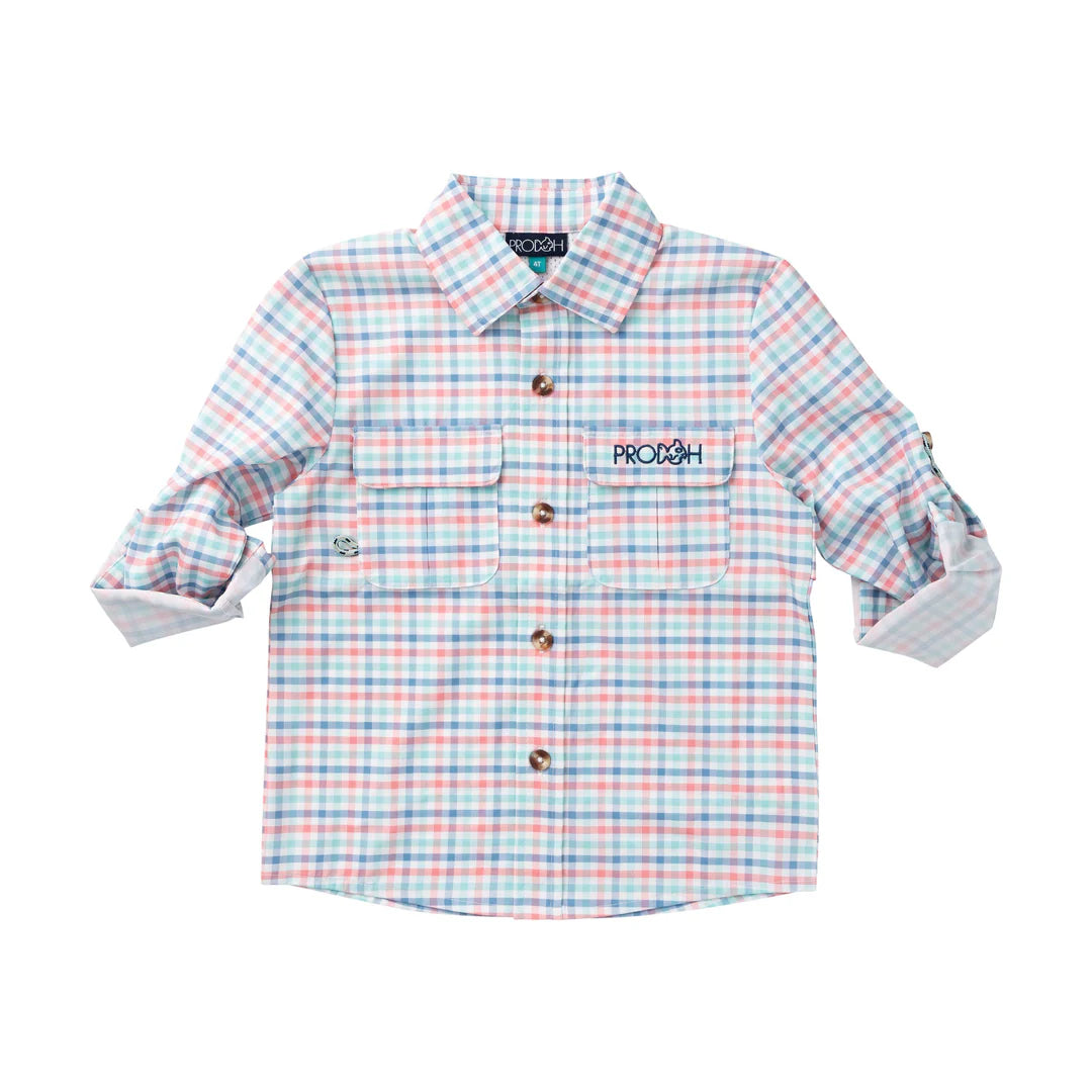 Long Sleeve Founders Kids Fishing Shirt- Strawberry Ice Tide Point Plaid
