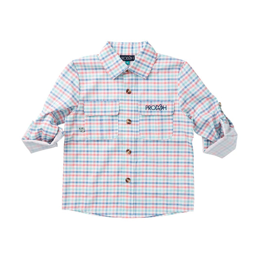 Long Sleeve Founders Kids Fishing Shirt- Strawberry Ice Tide Point Plaid