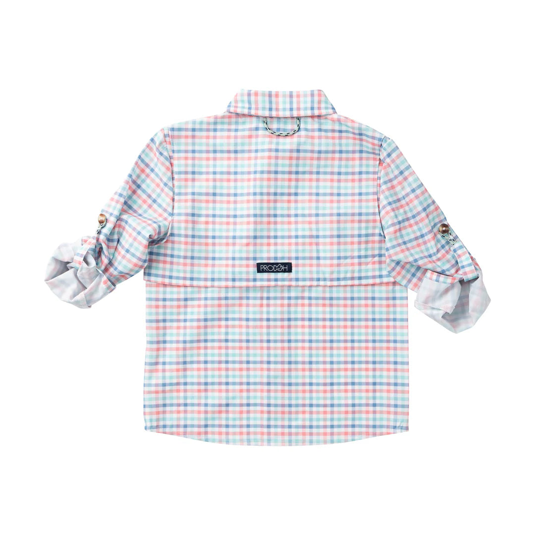 Long Sleeve Founders Kids Fishing Shirt- Strawberry Ice Tide Point Plaid