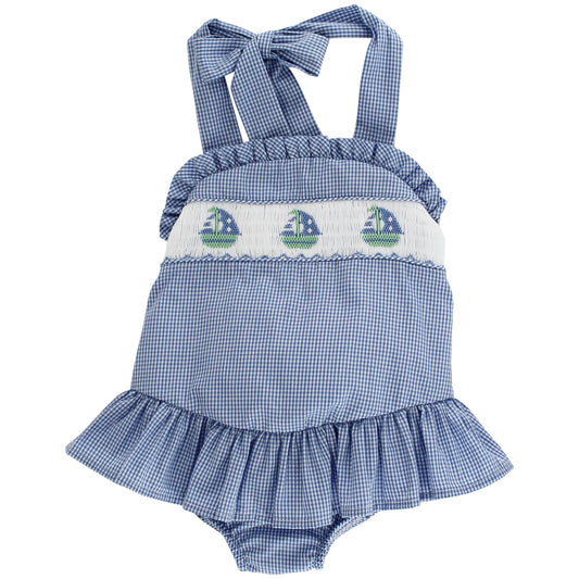Smocked Sailboats Girls Swim 1 pc