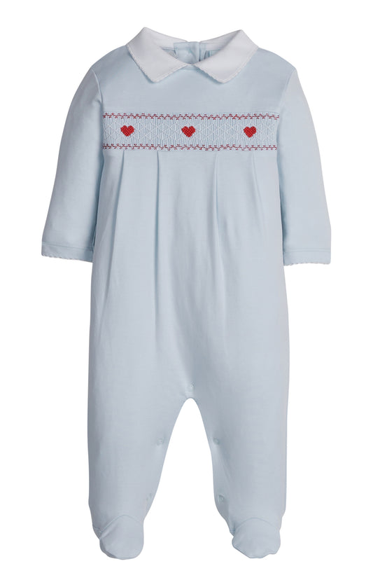 Smocked Footie - Blue Hearts