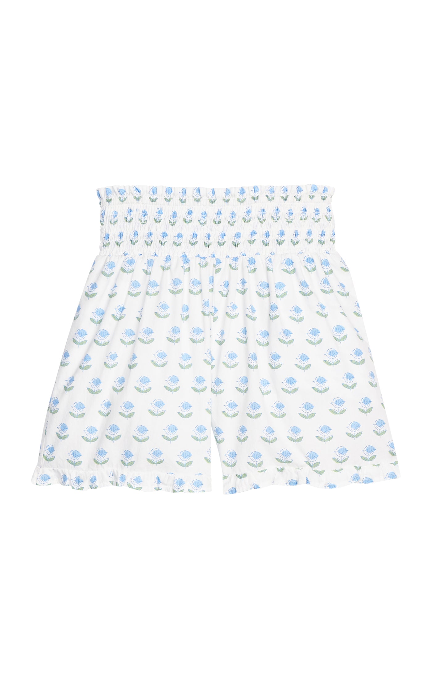 Shirred Ruffle Shorts - Blue Tulip Block Print