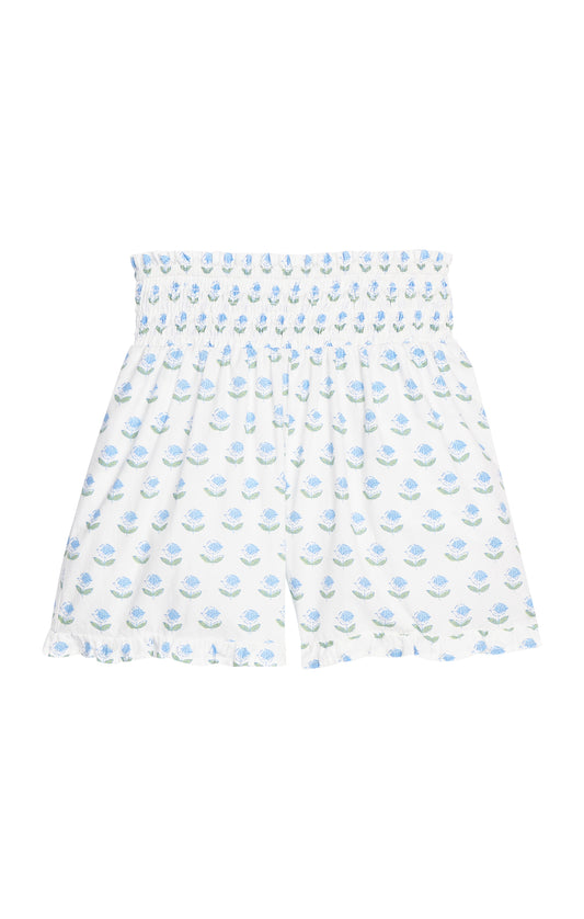 Shirred Ruffle Shorts - Blue Tulip Block Print