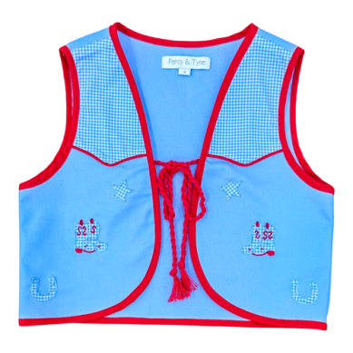 Wyatt Vest- Baby Blue Twill & Blue Gingham with Cowboy Embroideries