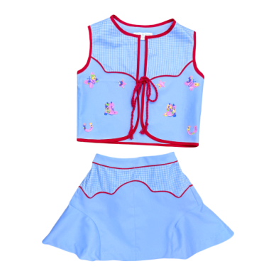 Oakley Vest and Skirt- Baby Blue Twill & Blue Gingham with Cowgirl Appliques