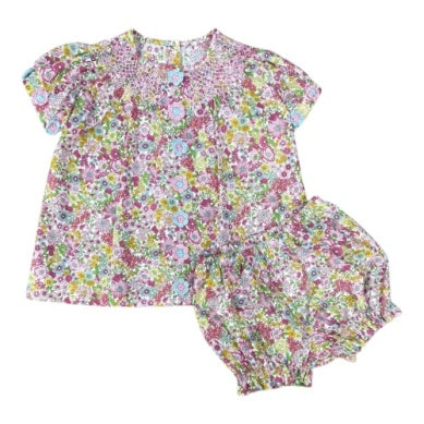 Camila Dress Mira Floral with Aqua and Pink Crochet Flowers