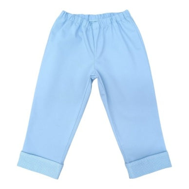 Pull On Pant- Baby Blue Twill with Blue Gingham