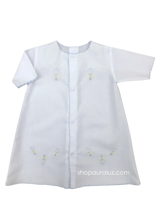 Day Gown, l/s..White with Blue Scallops and Embroidered Rattles